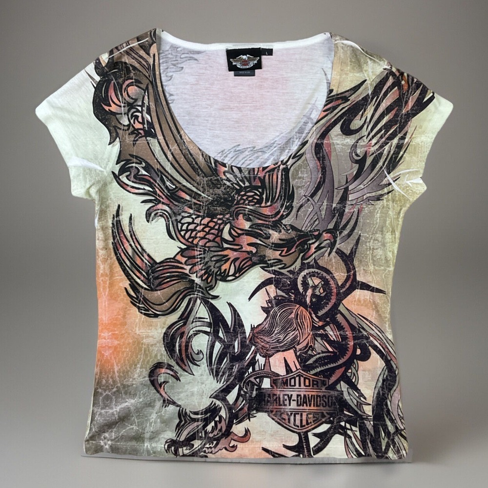 Vintage‎ Harley Davidson Womens T-Shirt Sz L AOP Biker Graphic V-Neck Top USA